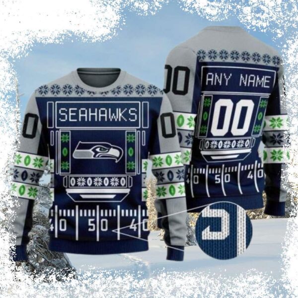 Show your Seahawks pride in style with this custom ugly sweater! Featuring your name and iconic team logo, this sweater is perfect for game day or holiday gatherings. Order now and be the talk of the - Image 1 - rugbyfanstore.com