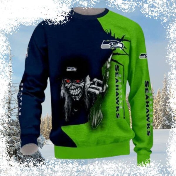 Show your Seattle Seahawks pride this Halloween with this unique, Iron Maiden-inspired ugly Christmas sweater! Perfect for parties or just chilling at home. Shop now! - Image 1 - rugbyfanstore.com