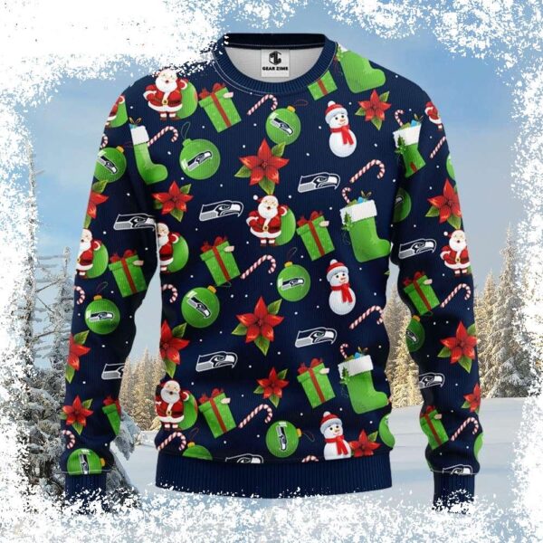 Show your Seahawks pride this holiday season with our hilarious Santa Claus Snowman graphic ugly Christmas sweater! Perfect for festive gatherings, shop now and spread some holiday cheer. - Image 1 - rugbyfanstore.com