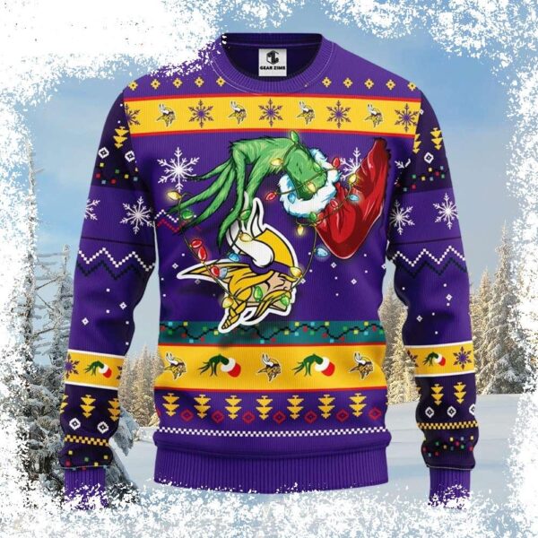 Show your Vikings pride this Christmas with this hilarious Grinch-themed sweater! Perfect for game day or holiday gatherings, this sweater is sure to turn heads. Shop now and get ready to shine brigh - Image 1 - rugbyfanstore.com