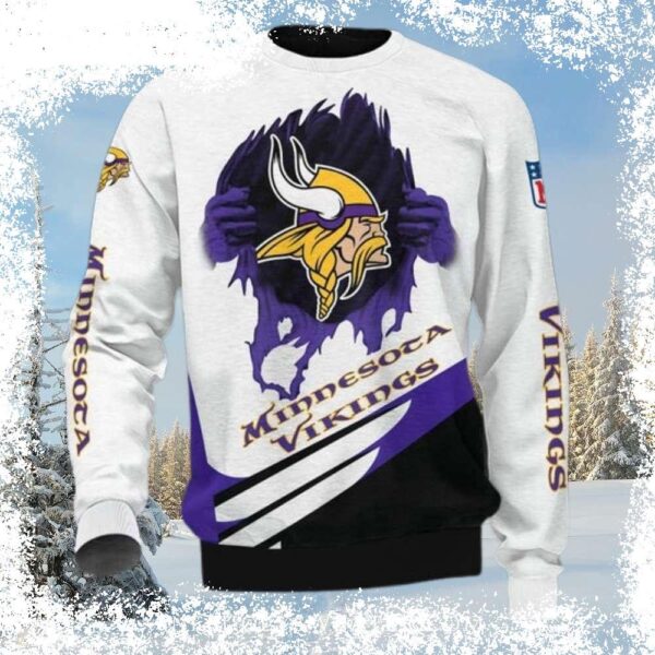 Show your Minnesota Vikings pride in style with this ugly Christmas sweater! Featuring a bold logo print and a casual pattern, it's the perfect way to cheer on your team this holiday season. Shop now - Image 1 - rugbyfanstore.com