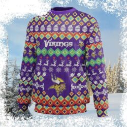 Show your Viking pride in style with this hilarious ugly sweater! Featuring a bold logo print and colorful pattern, it's sure to be a conversation starter. Shop now for the perfect holiday gift! - Image 1 - rugbyfanstore.com