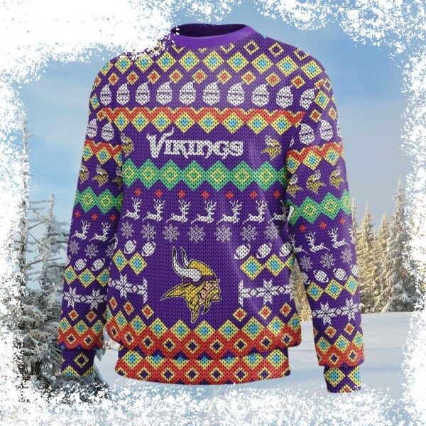 Show your Viking pride in style with this hilarious ugly sweater! Featuring a bold logo print and colorful pattern, it's sure to be a conversation starter. Shop now for the perfect holiday gift! - Image 1 - rugbyfanstore.com