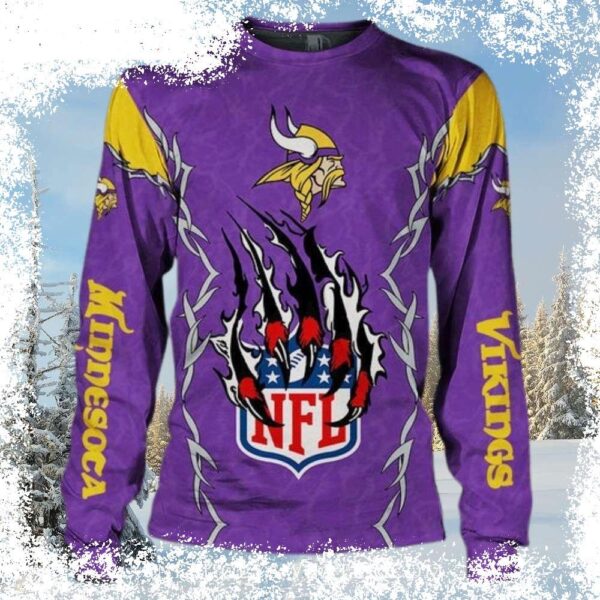 Show your Viking pride this Christmas with this stylish sweater featuring the iconic logo and claw motifs. Perfect for game day or cozy nights in! Shop now and get ready for the holidays! - Image 1 - rugbyfanstore.com