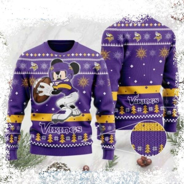 Show your team spirit this holiday season with our hilarious NFL Football Player Mickey Mouse Vikings Ugly Christmas Sweater! Get yours today and be the talk of the party! - Image 1 - rugbyfanstore.com