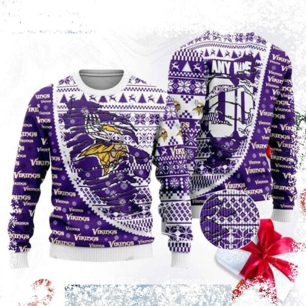 Show your Viking pride this Christmas with a personalized ugly sweater! Our "Snowy Magic" design features festive snowflakes and your favorite team colors. Shop now and create a unique gift! - Image 1 - rugbyfanstore.com