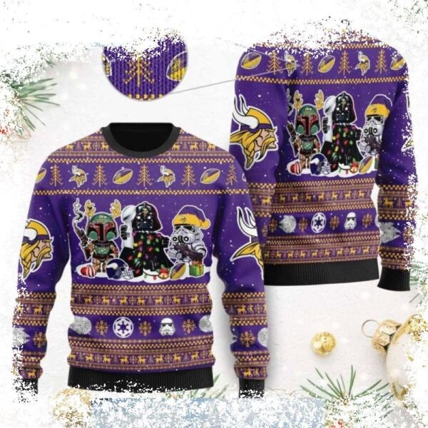 Show your Minnesota Vikings pride this holiday season with this hilarious Star Wars-themed ugly Christmas sweater! Perfect for game day or festive gatherings. Shop now and get yours before they're gon - Image 1 - rugbyfanstore.com