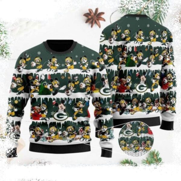 Add Playful Vibes To Your Holidays – Football Player Mickey – Packers Ugly Sweater - available at - rugbyfanstore.com