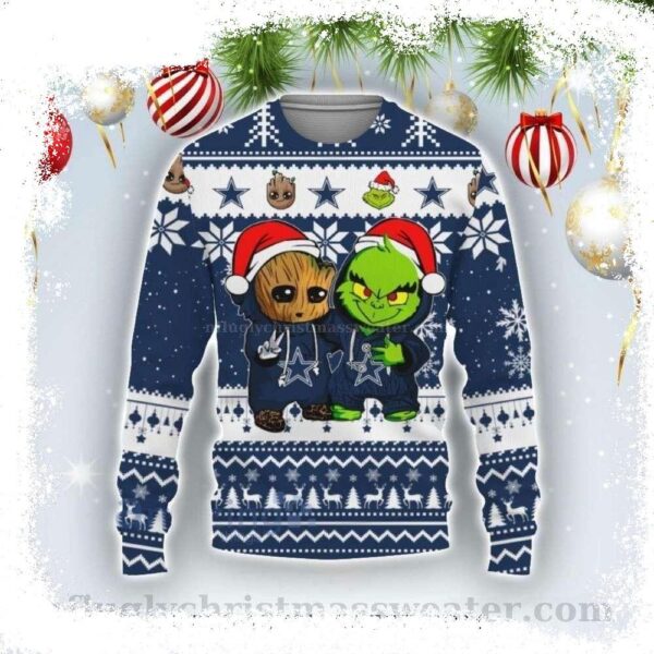 Baby Groot And Grinch Best Friends – Dallas Cowboys Ugly Christmas Sweater - available at - rugbyfanstore.com