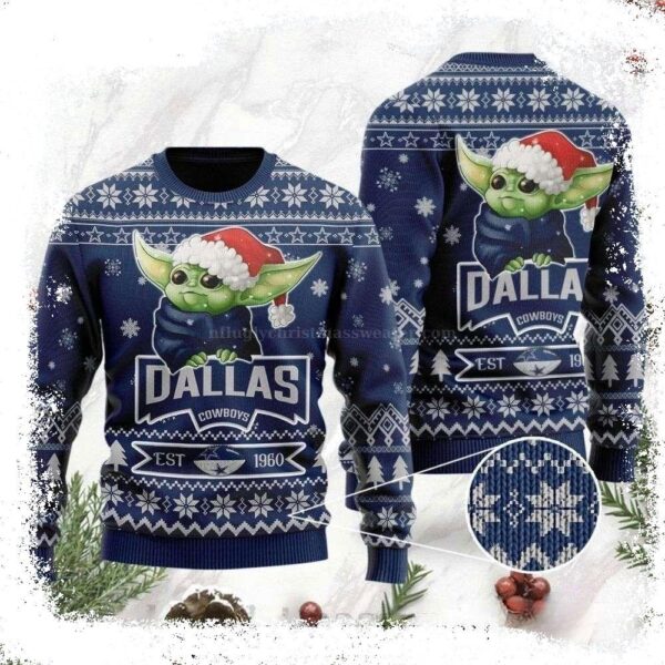 Baby Yoda EST 1986 Dallas Cowboys Christmas Ugly Sweater – Gift For Fan - available at - rugbyfanstore.com