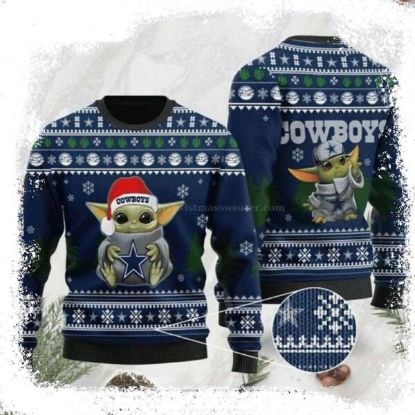 Baby Yoda Snowy Dallas Cowboys Ugly Christmas Sweater - available at - rugbyfanstore.com