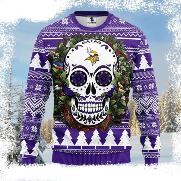 Blossoming Fandom Delight – Minnesota Vikings Skull Flower Christmas Sweater - available at - rugbyfanstore.com