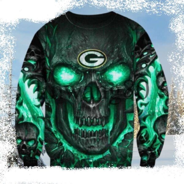 Bold Green Skull Graphic On Green Bay Packers Ugly Christmas Sweater - available at - rugbyfanstore.com