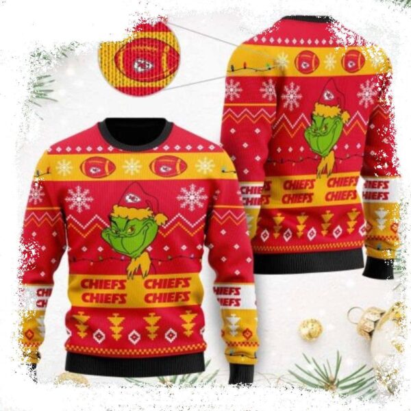 Cheerful Chiefs And Grinch – Ugly Christmas Sweater For Kansas City Fans - available at - rugbyfanstore.com