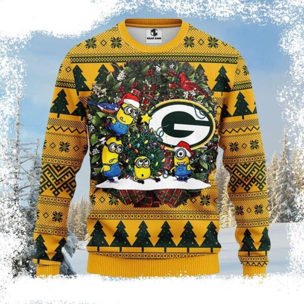 Cheerful Green Bay Packers Ugly Christmas Sweater With Cute Minion Print - available at - rugbyfanstore.com