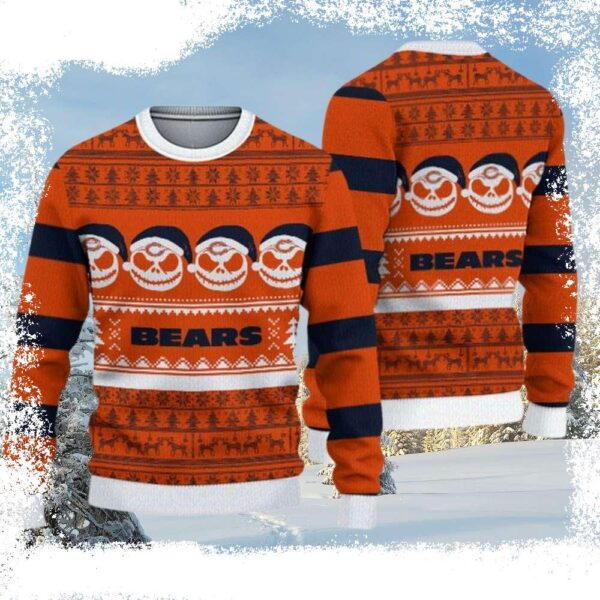 Chicago Bears Ugly Christmas Sweater – Logo Print With Cute Skulls Pumpkin Graphic - available at - rugbyfanstore.com