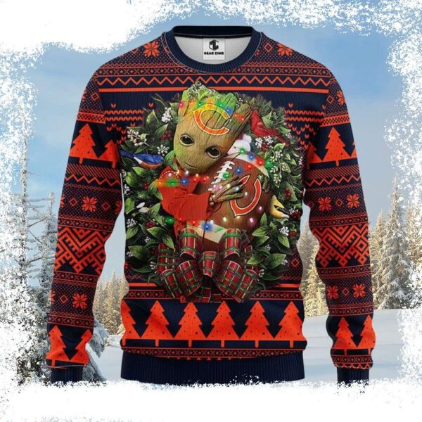 Chicago Bears Ugly Christmas Sweater – Logo Print With Groot Hug Football - available at - rugbyfanstore.com