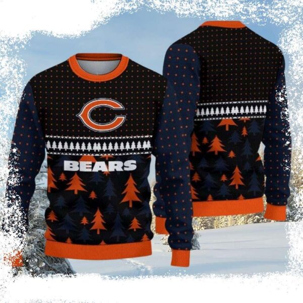 Chicago Bears Ugly Christmas Sweater – Logo Print With Pine Tree Pattern - available at - rugbyfanstore.com