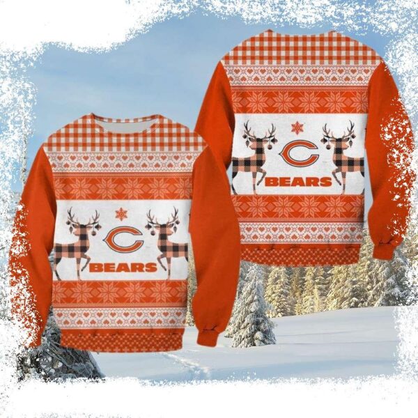 Chicago Bears Ugly Christmas Sweater – Logo Print With Reindeer Pattern - available at - rugbyfanstore.com