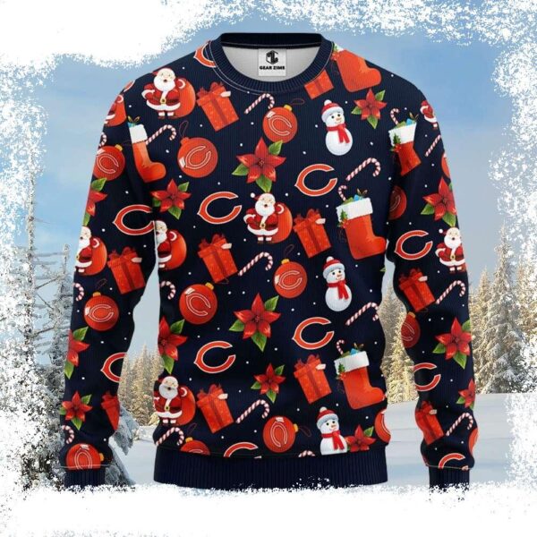 Chicago Bears Ugly Christmas Sweater – Logo Print With Santa Claus And Snowman - available at - rugbyfanstore.com