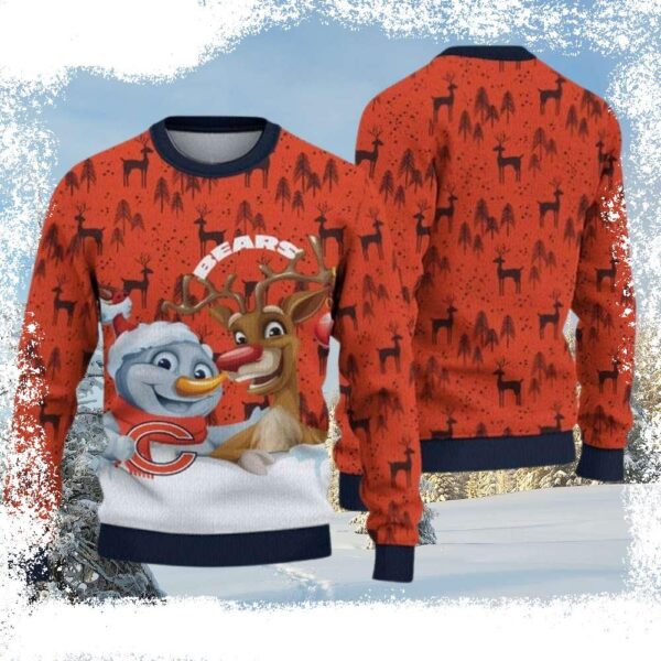 Chicago Bears Ugly Christmas Sweater – Logo Print With Snowman And Reindeer - available at - rugbyfanstore.com