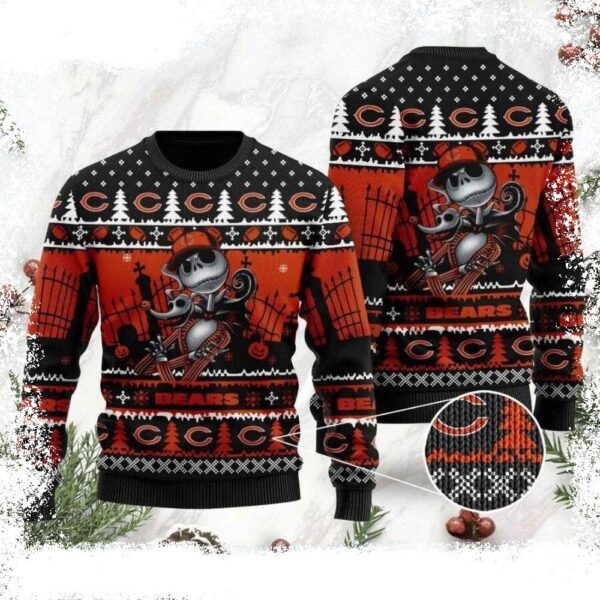 Chicago Bears Xmas Sweater Jack Skellington Halloween Theme - available at - rugbyfanstore.com