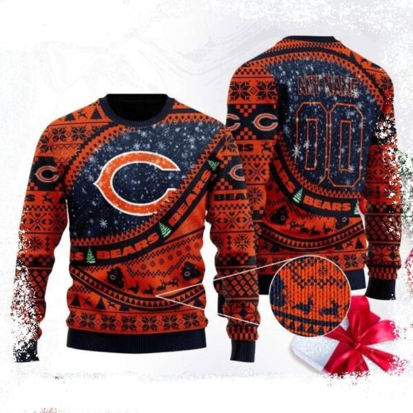 Chicago Bears Xmas Sweater – Logo Print Snowflake Pattern With Custom Name - available at - rugbyfanstore.com