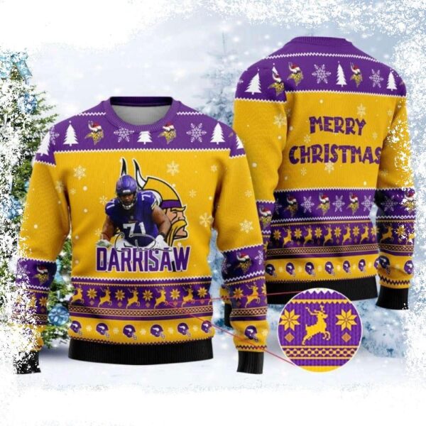 Christian Darrisaw Merry Xmas Vikings Christmas Sweater - available at - rugbyfanstore.com