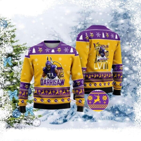 Christian Darrisaw Super Bowl LVII Champions 2023 Vikings Ugly Sweater - available at - rugbyfanstore.com