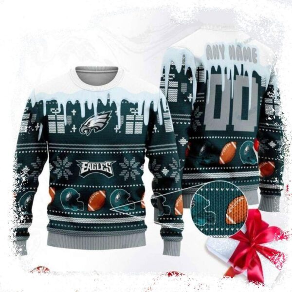 Cozy Team Spirit – Personalized Philadelphia Eagles Logo Print Sweater With Snowflakes - available at - rugbyfanstore.com