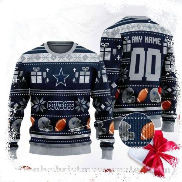 Custom Name And Number Dallas Cowboys Ugly Christmas Sweater – Snowflake Design And Gift Box - available at - rugbyfanstore.com