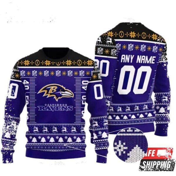 Custom Name And Number Nfl Baltimore Ravens Ugly Christmas Sweaters - available at - rugbyfanstore.com