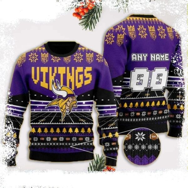 Custom Name And Number Vikings Christmas Sweater – Football Stadium Motifs - available at - rugbyfanstore.com