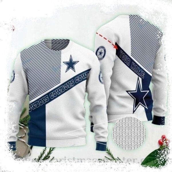 Custom Name Dallas Cowboys Ugly Christmas Sweater – Cross Stripe Edition - available at - rugbyfanstore.com