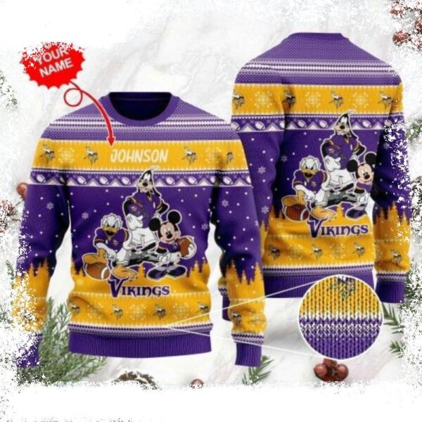 Custom Name Minnesota Vikings Ugly Sweater – Disney Donald Duck Graphic - available at - rugbyfanstore.com