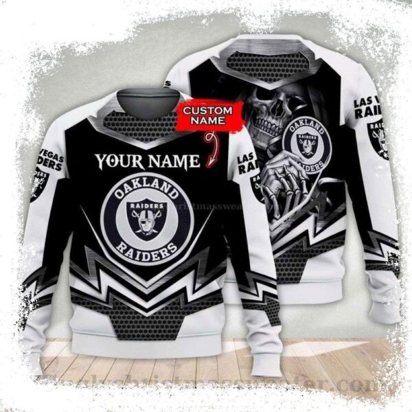 Custom Name NFL Logo Print Raiders Ugly Christmas Sweater – Armor Gray Edition - available at - rugbyfanstore.com