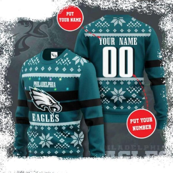 Custom Name NFL Philadelphia Eagles Logo – Eagles Christmas Sweater With Lights - available at - rugbyfanstore.com