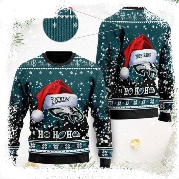 Custom Name Philadelphia Eagles Symbol Wearing Santa Claus Ugly Christmas Sweater - available at - rugbyfanstore.com