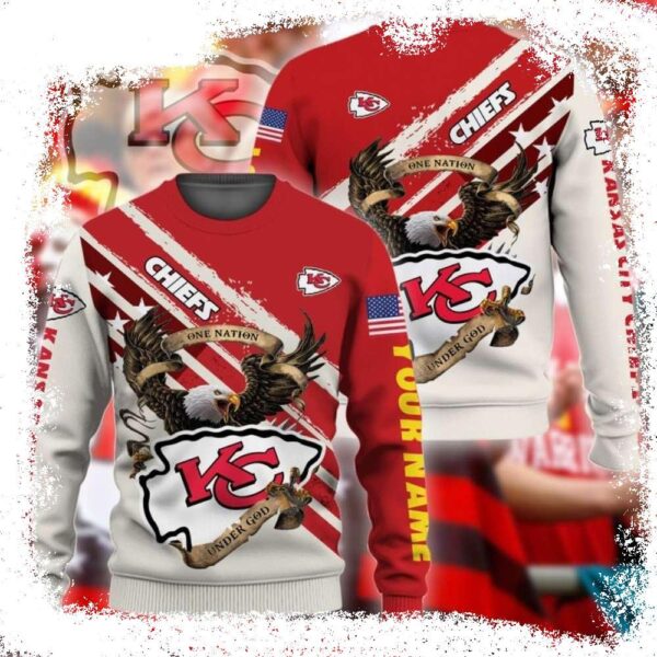 Custom Name Red Cream One Nation Under God NFL Kansas City Chiefs Ugly Sweater - available at - rugbyfanstore.com