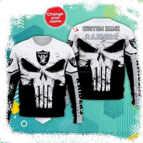 Custom Name Skulls Of Raider Spirit – Logo Print Raiders Ugly Christmas Sweater - available at - rugbyfanstore.com