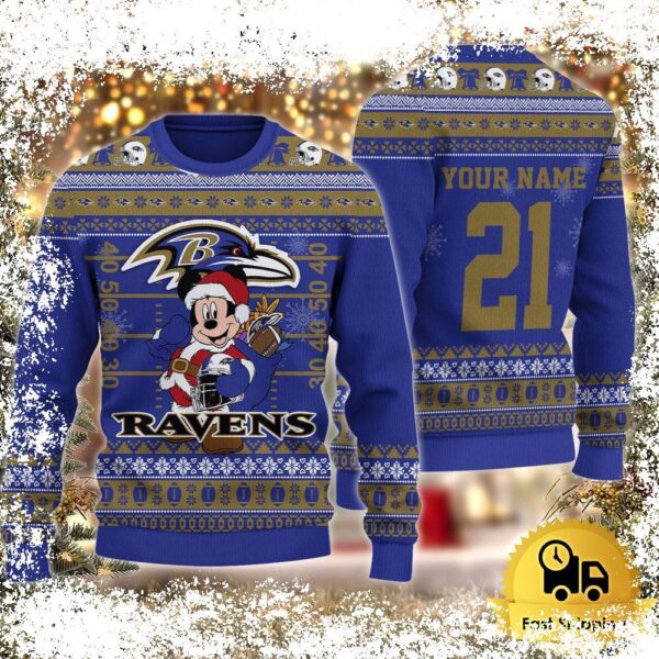 Custom NFL Baltimore Ravens Mickey Mouse Santa Ugly Christmas Sweater - available at - rugbyfanstore.com