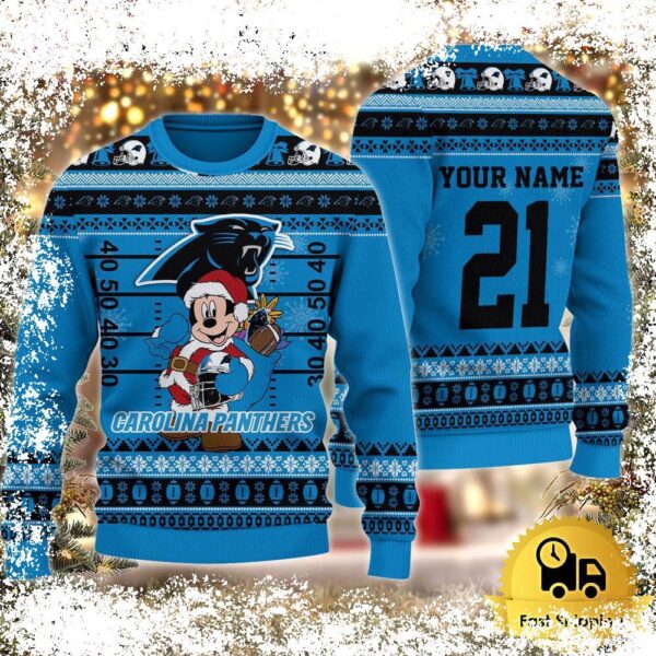 Custom NFL Carolina Panthers Mickey Mouse Santa Ugly Christmas Sweater - available at - rugbyfanstore.com