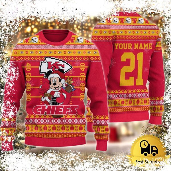 Custom NFL Kansas City Chiefs Mickey Mouse Santa Ugly Christmas Sweater - available at - rugbyfanstore.com