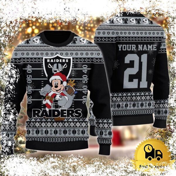 Custom NFL Las Vegas Raiders Mickey Mouse Santa Ugly Christmas Sweater - available at - rugbyfanstore.com