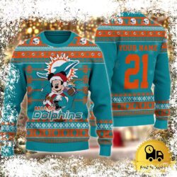 Custom NFL Miami Dolphins Mickey Mouse Santa Ugly Christmas Sweater - available at - rugbyfanstore.com