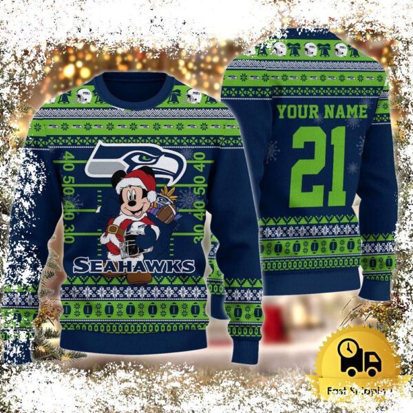 Custom NFL Seattle Seahawks Mickey Mouse Santa Ugly Christmas Sweater - available at - rugbyfanstore.com