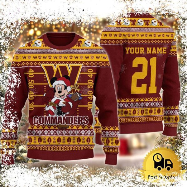 Custom NFL Washington Commanders Mickey Mouse Santa Ugly Christmas Sweater - available at - rugbyfanstore.com