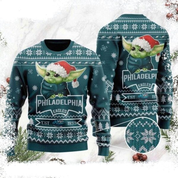 Cute Baby Yoda Grogu Philadelphia Eagles Ugly Christmas Sweater - available at - rugbyfanstore.com