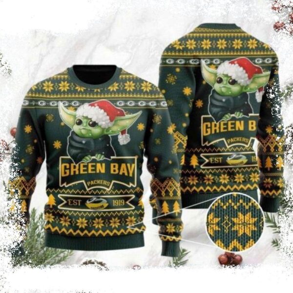 Cute Baby Yoda Infused Into Green Bay Packers Ugly Christmas Sweater - available at - rugbyfanstore.com