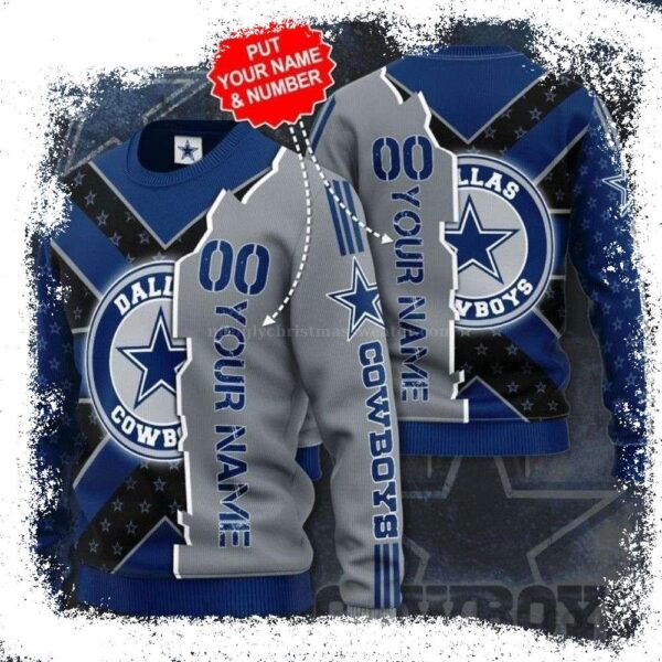 Dallas Cowboys Logo Print – Personalized Grey Blue Black Star Ugly Christmas Sweater - available at - rugbyfanstore.com